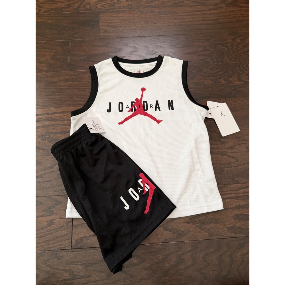 Jordan Boys 2-Piece Mesh Tank Top & Shorts Set White Black Red 85F904-001 Size 7